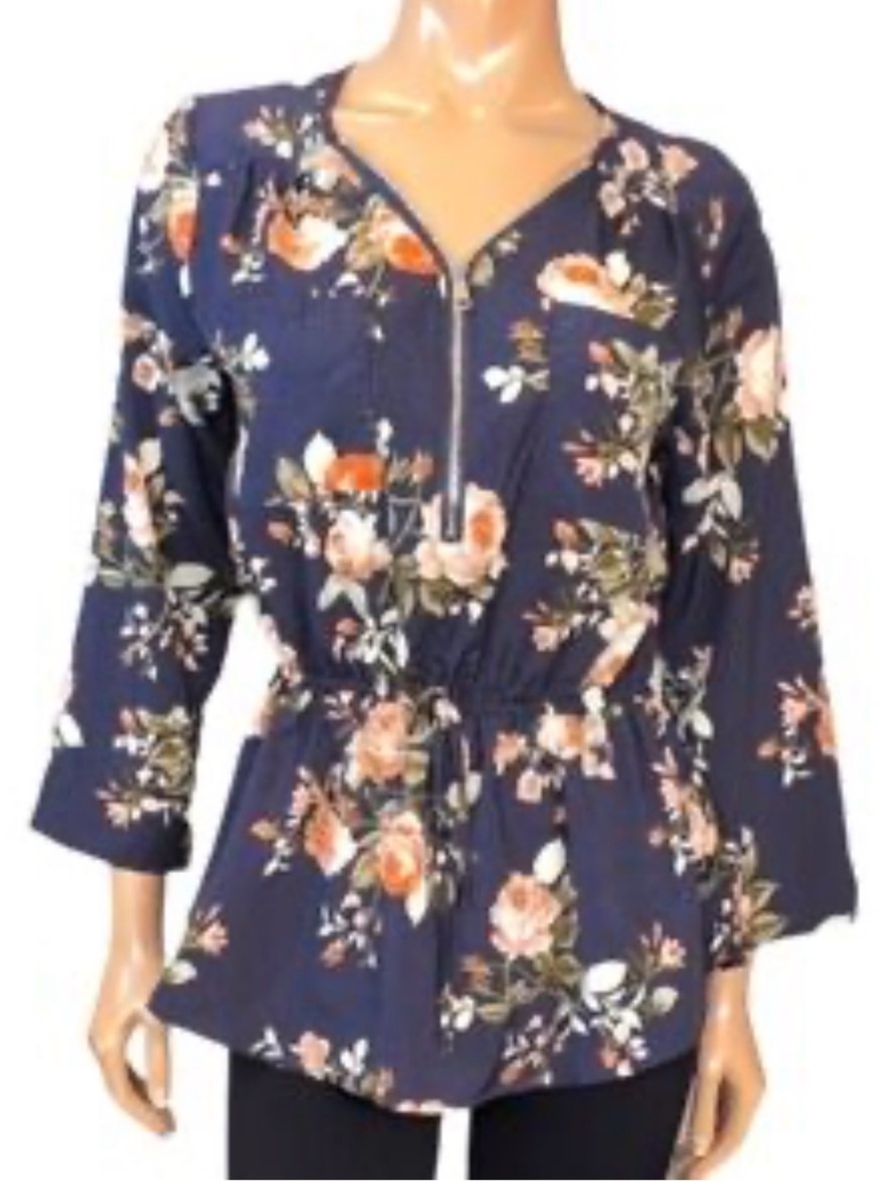 Stella Tweed Floral Zip-Front Peplum Top - Navy with Blush Roses